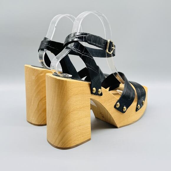 Free People Sandals Womens 10 Black Wood Platform Ankle Strap Block Heel - Picture 9 of 13